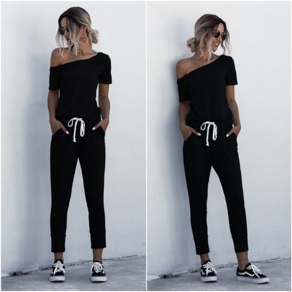 EMILIE Off Shoulder BLACK Jumpsuit - Picture 2 of 3